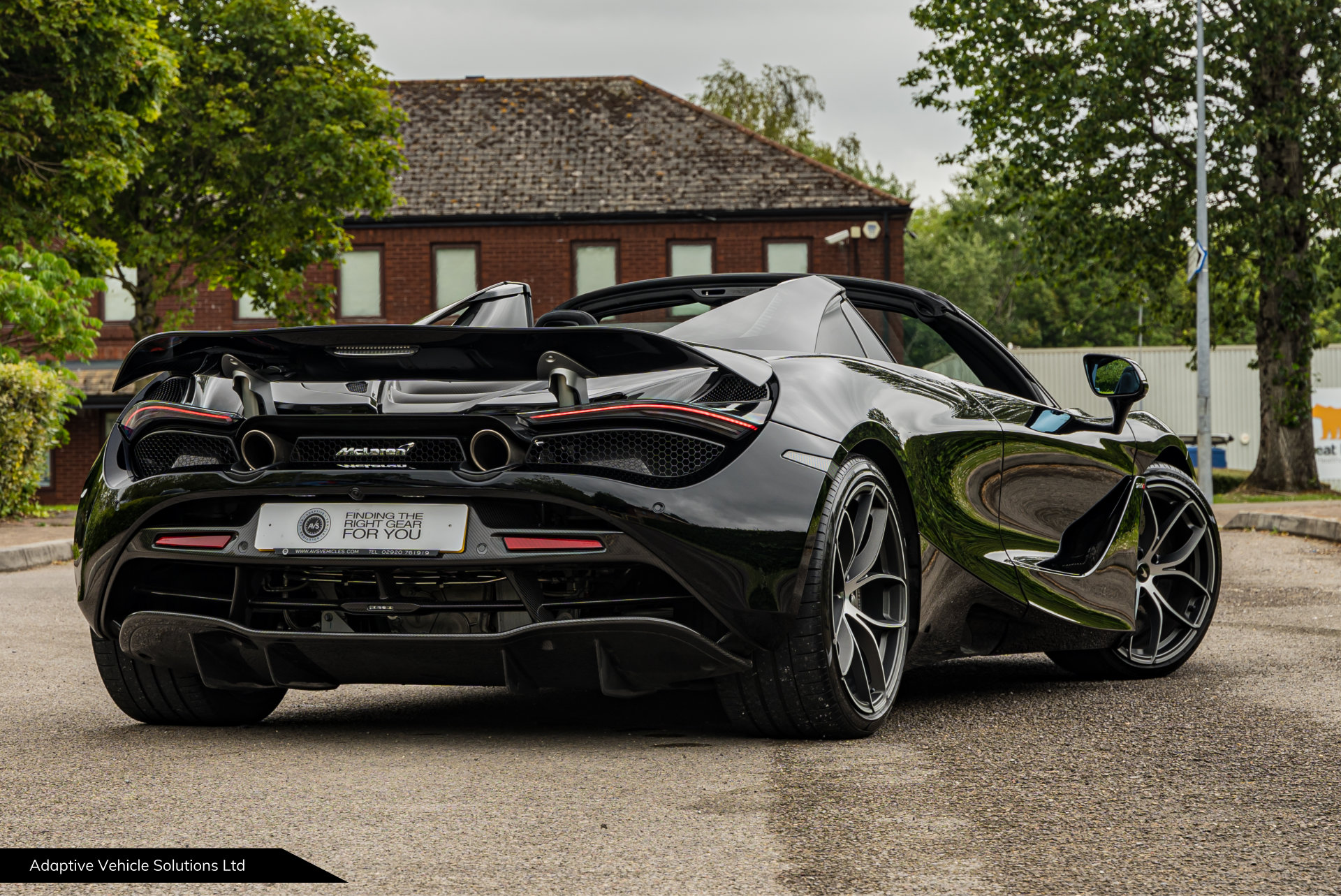 2021 McLaren 720s Spider Performance Black off side rear view roof open