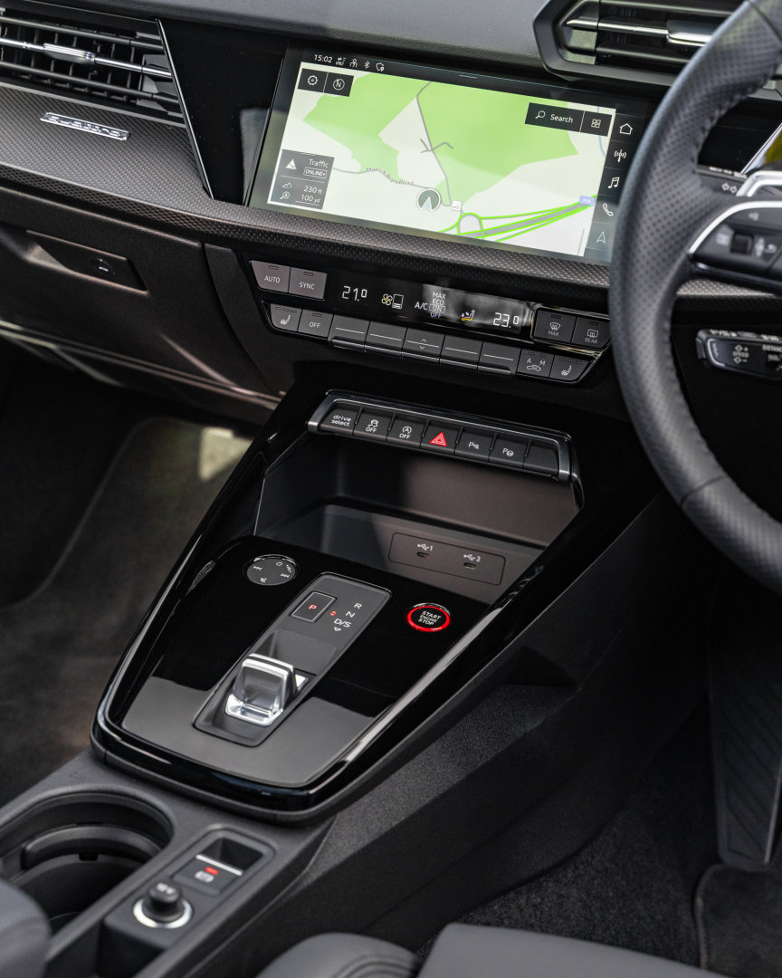 2023 Audi RS3 Vorsprung portrait view of centre console and tunnel